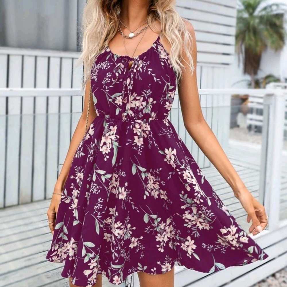 Boho Purple Floral Print Tie Front Cami Dress XSm… - image 4