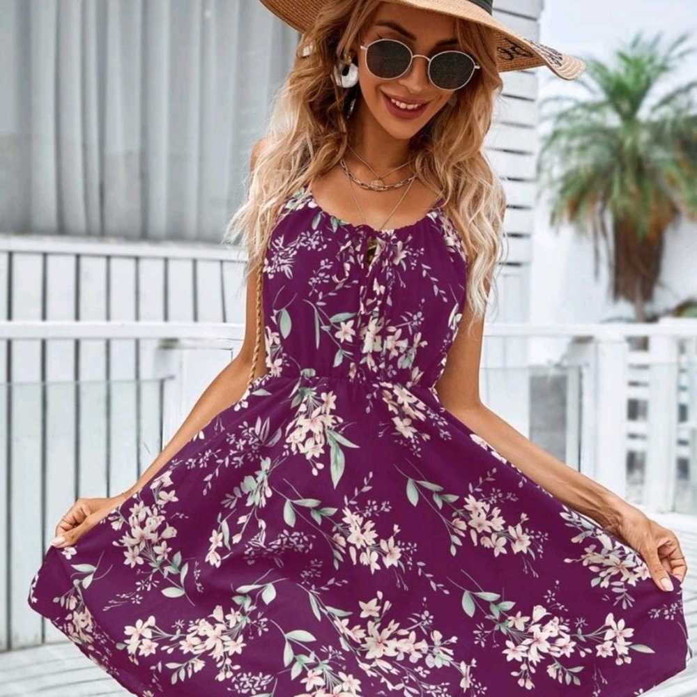 Boho Purple Floral Print Tie Front Cami Dress XSm… - image 5