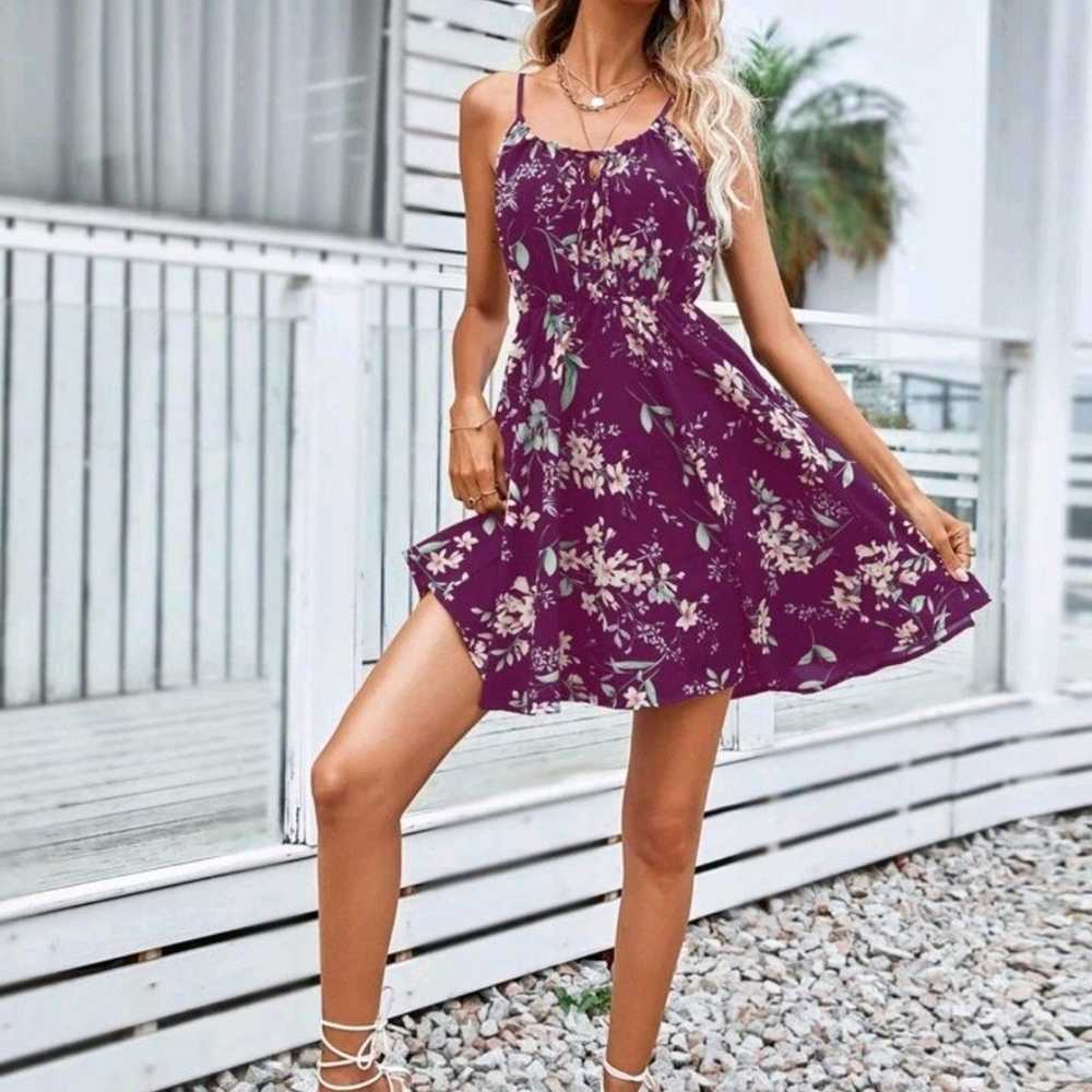 Boho Purple Floral Print Tie Front Cami Dress XSm… - image 6