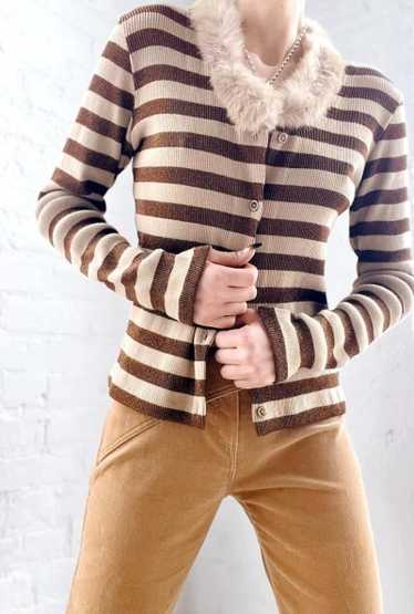 Italian fur & stripe knit cardigan