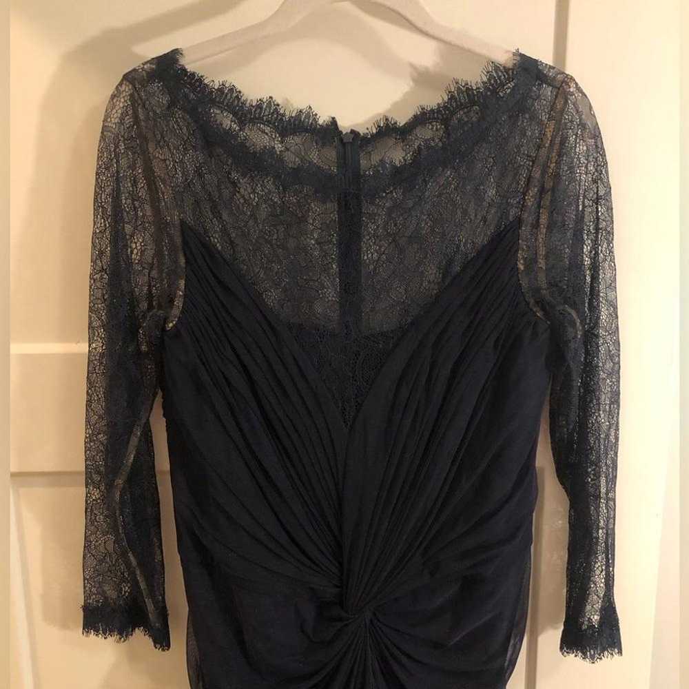 Tadashi Shoji navy lace long sleeve knotted mesh … - image 2