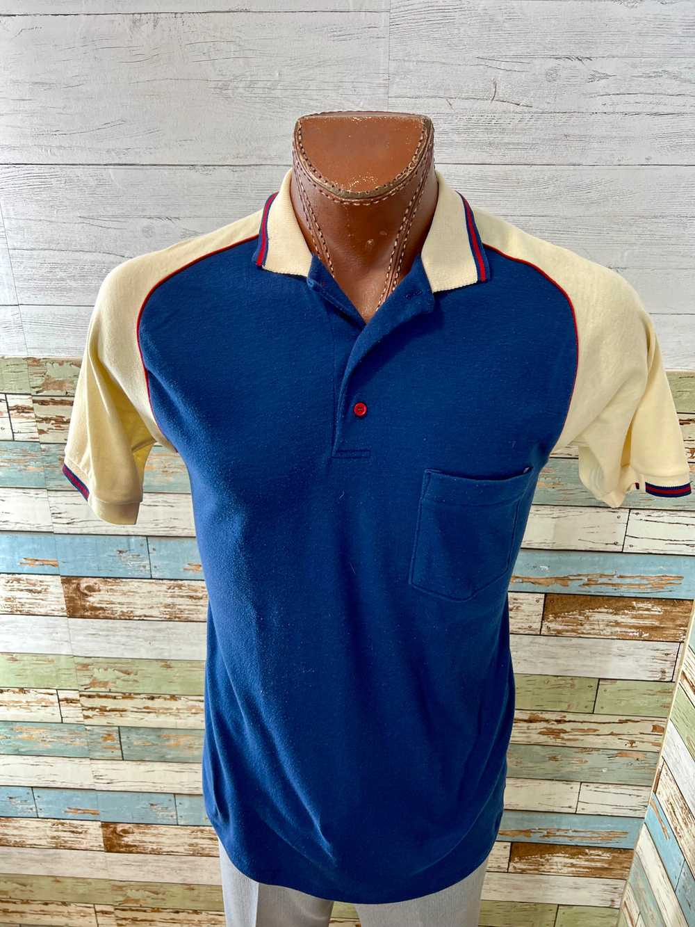 70’s Navy Blue & Beige Collar Polo By Career Club… - image 1