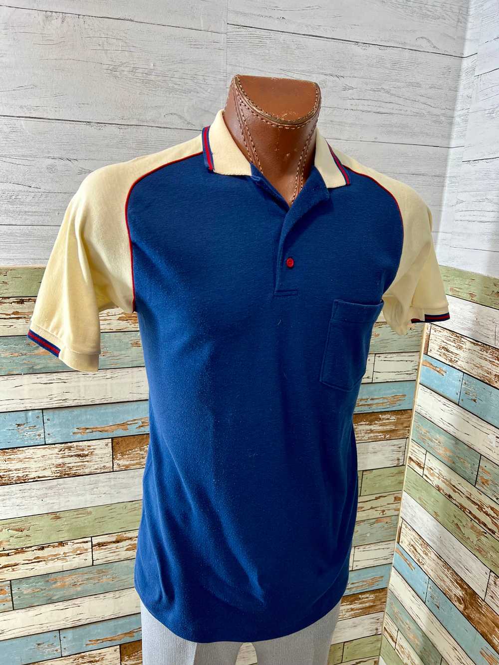 70’s Navy Blue & Beige Collar Polo By Career Club… - image 2