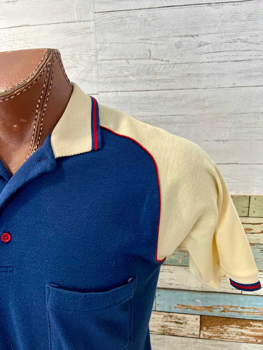 70’s Navy Blue & Beige Collar Polo By Career Club… - image 3