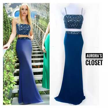 Jovani 4 Blue Two-Piece Beaded Gown Maxi Crop Spag