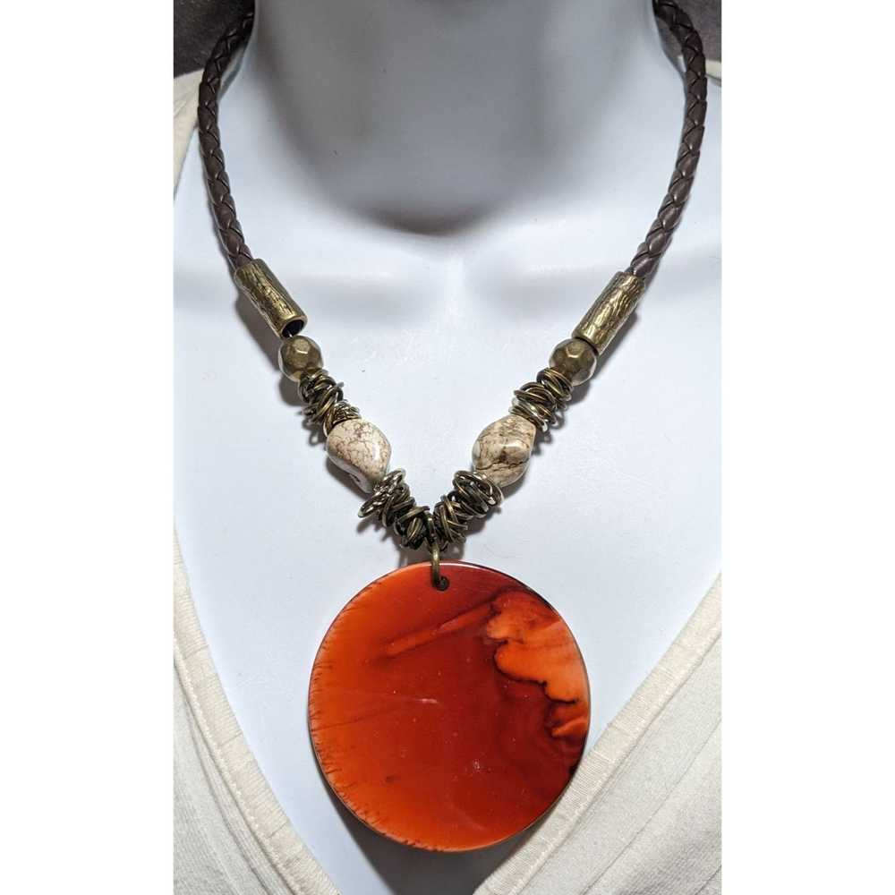 Chicos Chico's Brass Beaded Orange Disc Pendant N… - image 3