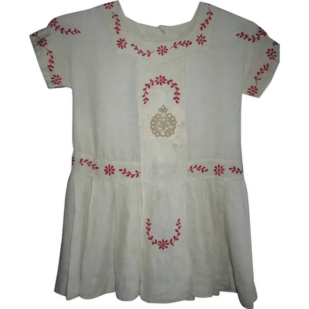 Antique Childs Linen Dress with Fancy Red Stitche… - image 1