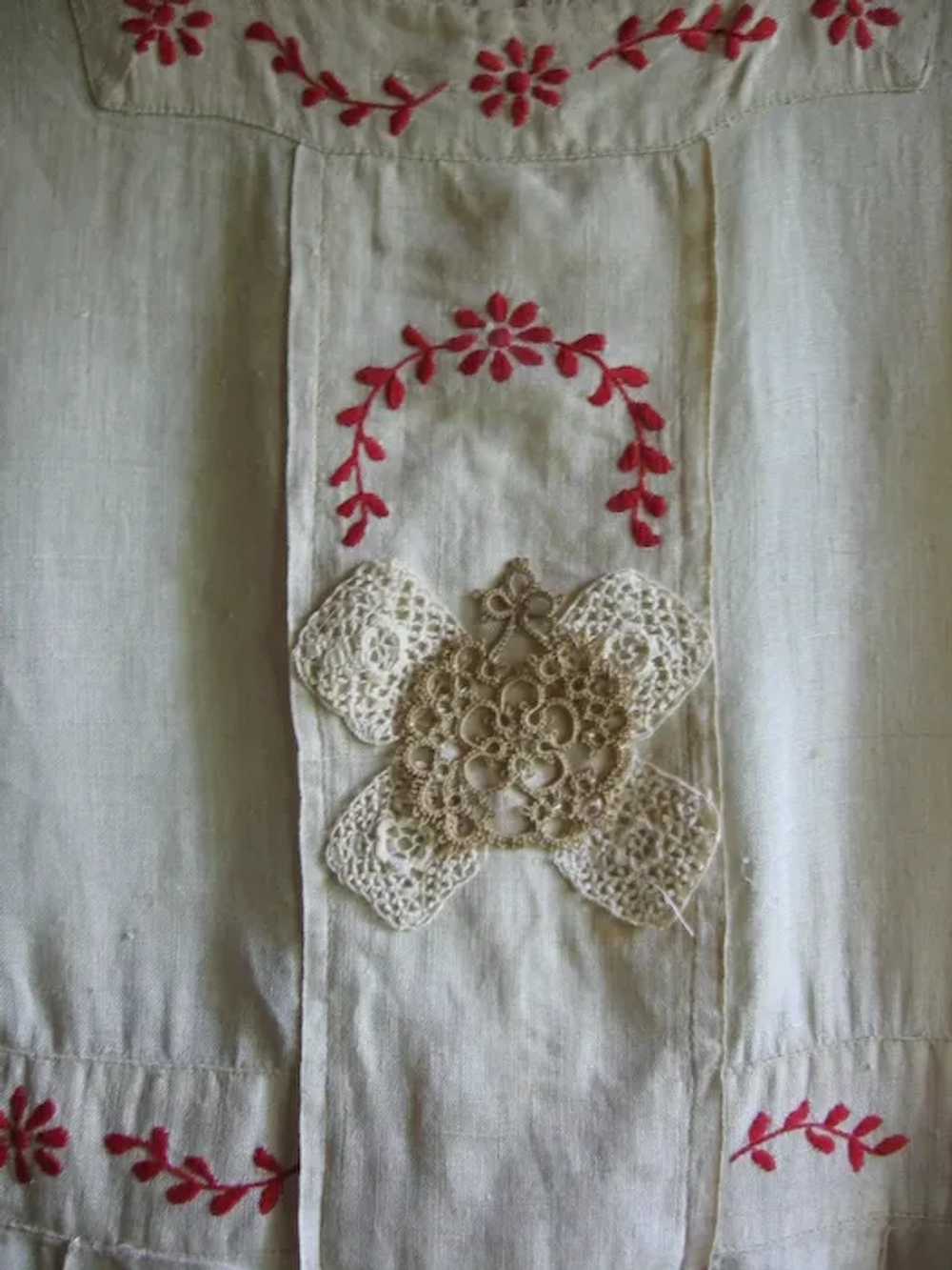 Antique Childs Linen Dress with Fancy Red Stitche… - image 2