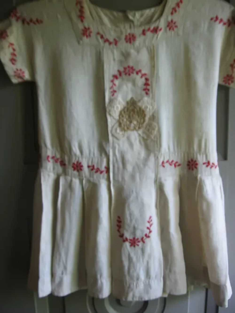 Antique Childs Linen Dress with Fancy Red Stitche… - image 3