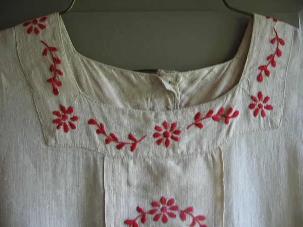Antique Childs Linen Dress with Fancy Red Stitche… - image 4