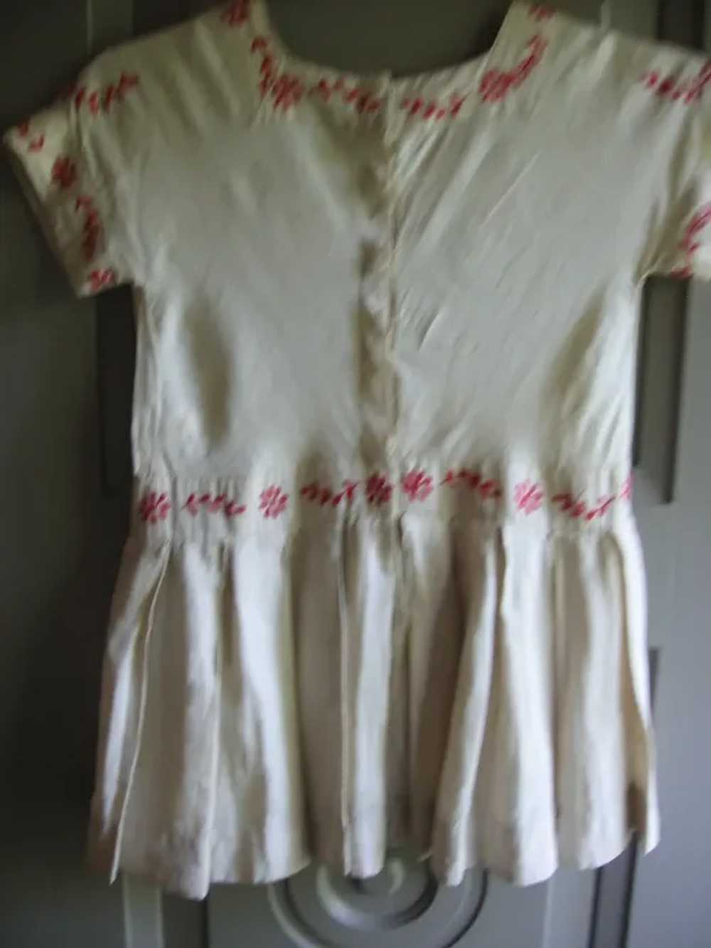 Antique Childs Linen Dress with Fancy Red Stitche… - image 5