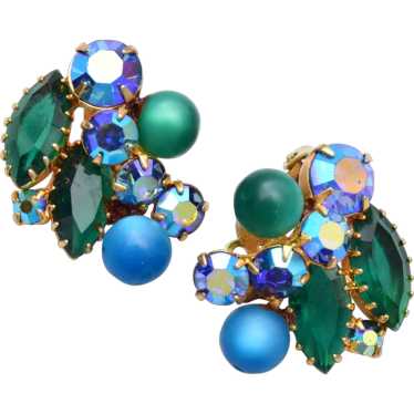 Green and Blue Rhinestone and Lucite Earrings