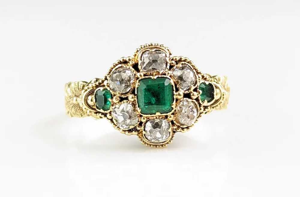Antique Emerald and Diamond floral cluster ring, … - image 10