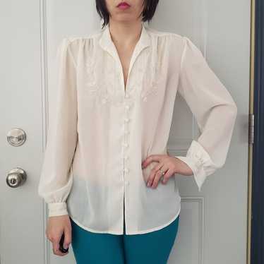 80s Sheer Cream Floral Embroidered Blouse - image 1