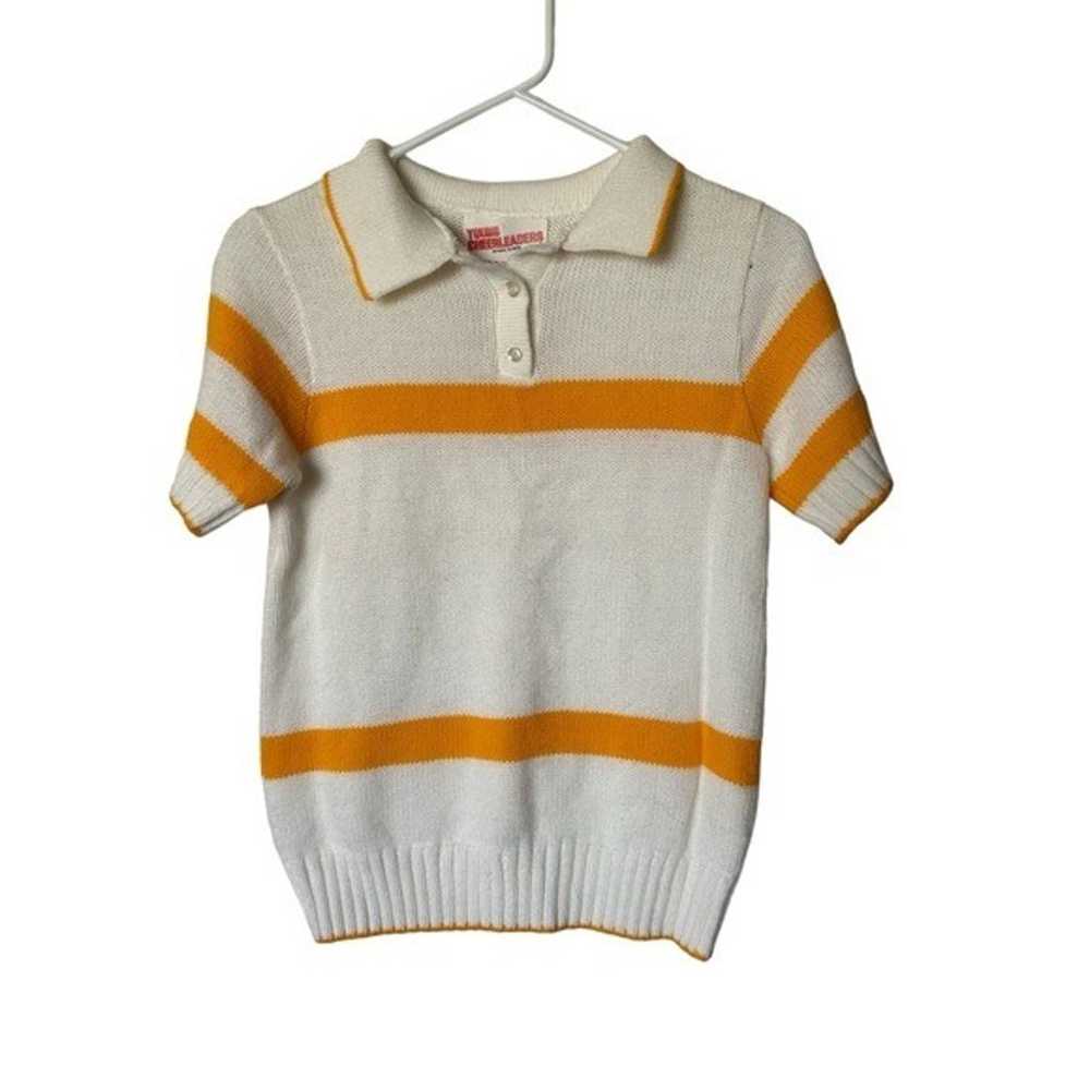 Vintage White Yellow Stripe Knit Short Sleeve Col… - image 1