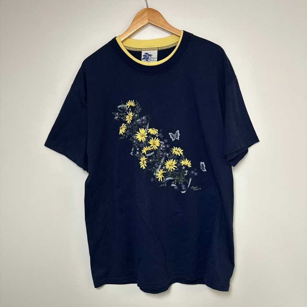 Vintage Flower Shirt 90s Grandma T-Shirt Navy Blu… - image 1