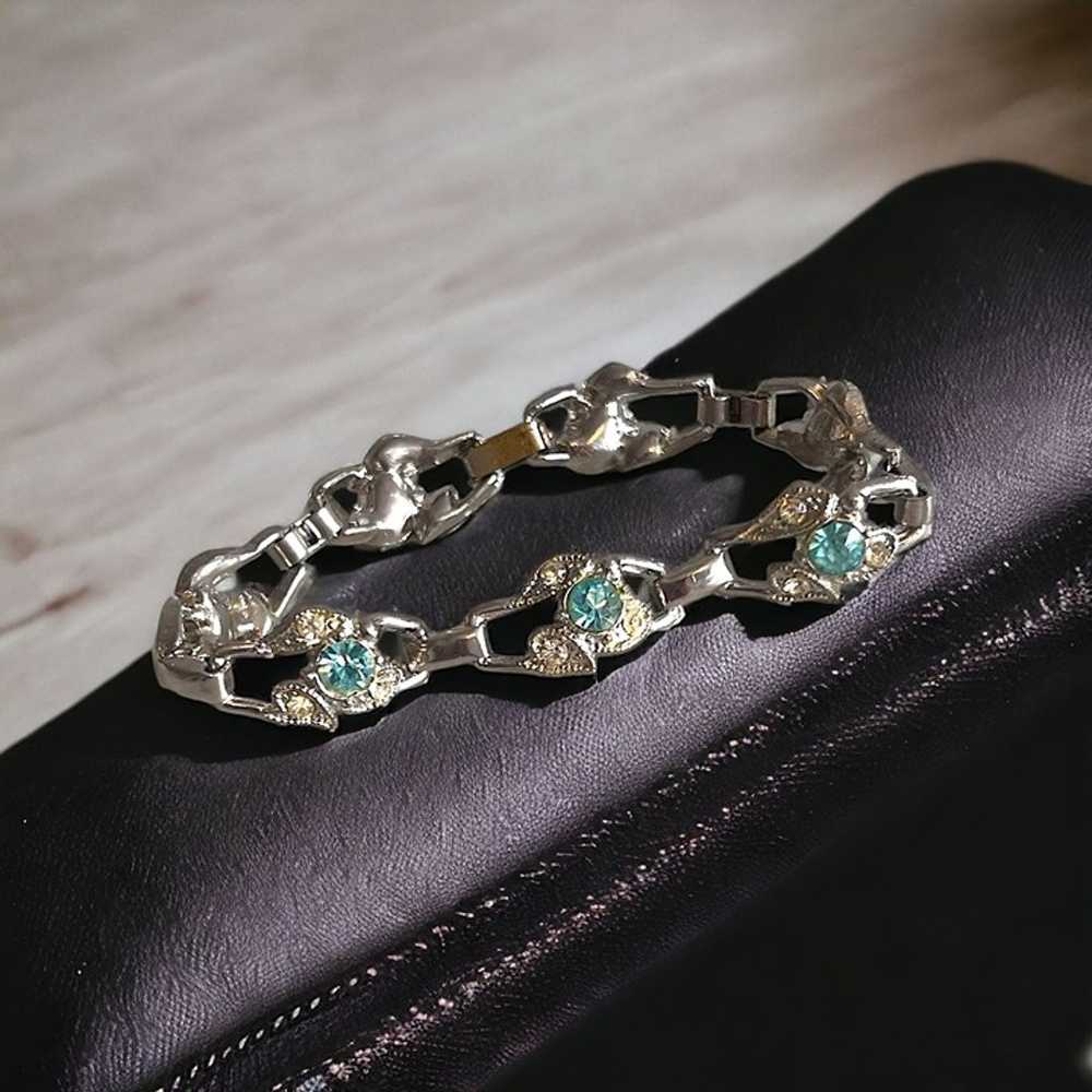 Vintage Unmarked Silver Tone and Aqua Rhinestone … - image 1