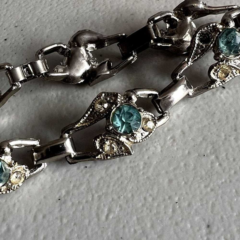 Vintage Unmarked Silver Tone and Aqua Rhinestone … - image 2