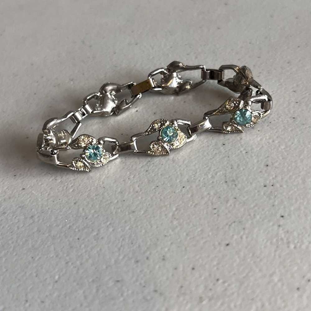 Vintage Unmarked Silver Tone and Aqua Rhinestone … - image 3