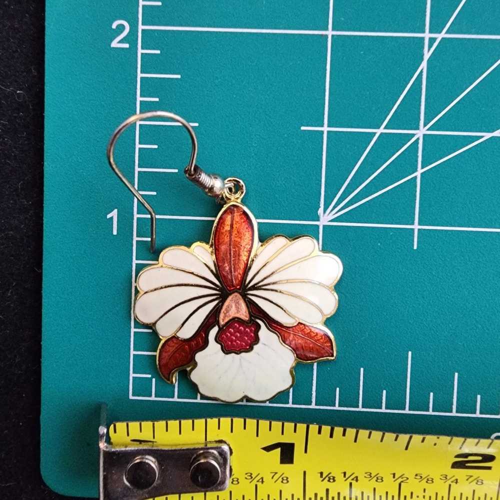 Cloisonne Enameled Red & White Orchid Hook Pierce… - image 11