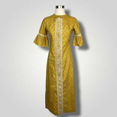 Vintage Dress 1960s Frill Sleeve Kaftan Gold Yell… - image 1