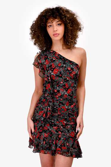 Veronica Beard Black/Red Floral Silk One Shoulder… - image 1