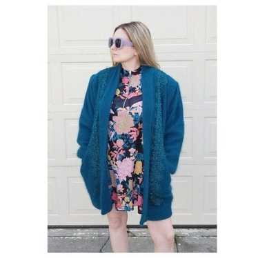 Vintage Women Turquoise Angora Oversized Cardigan… - image 1