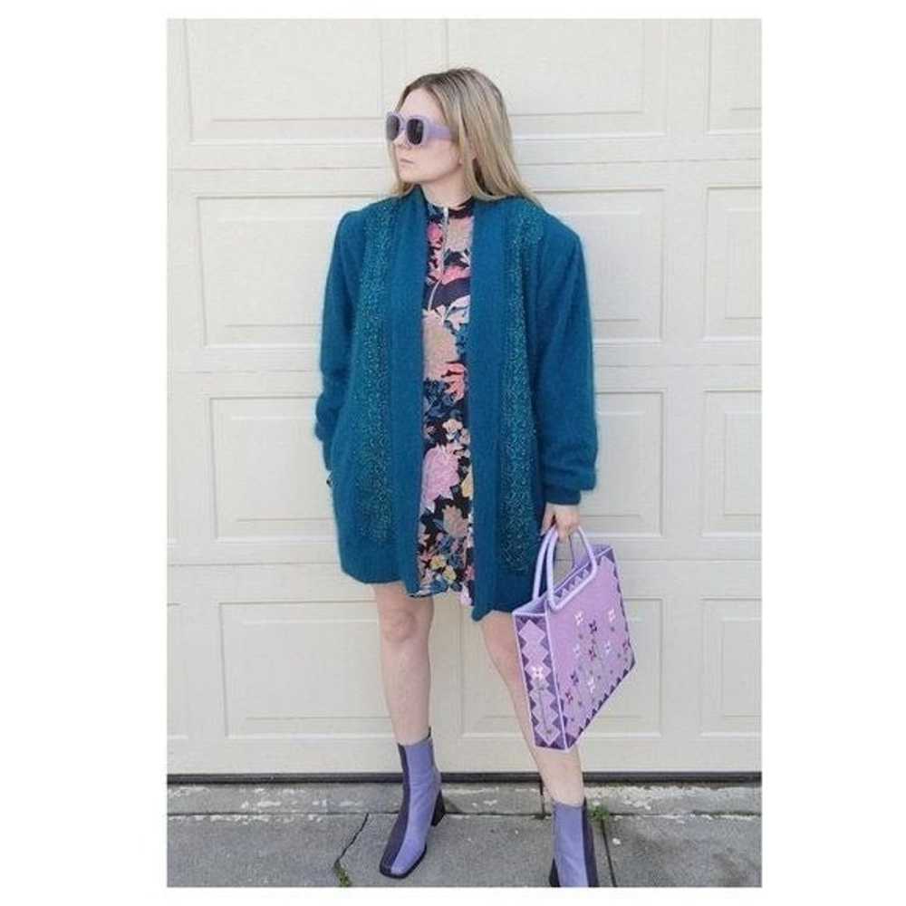 Vintage Women Turquoise Angora Oversized Cardigan… - image 2