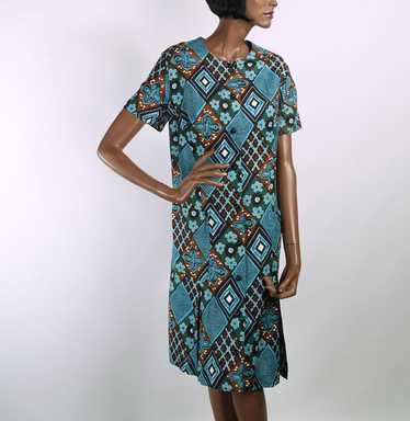 60s Vintage Cotton Day Dress NOS Turquoise Argyle… - image 1