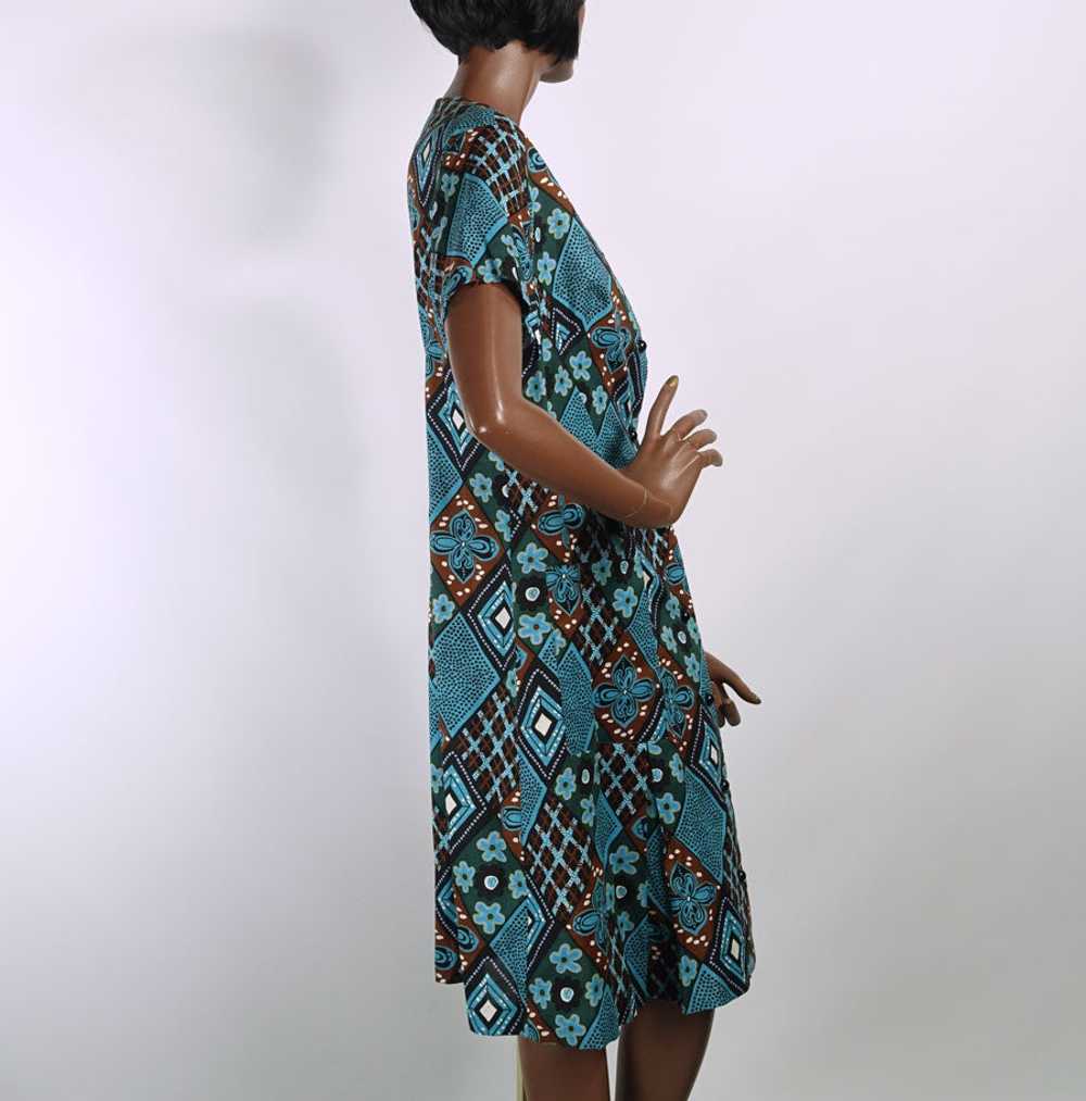 60s Vintage Cotton Day Dress NOS Turquoise Argyle… - image 5
