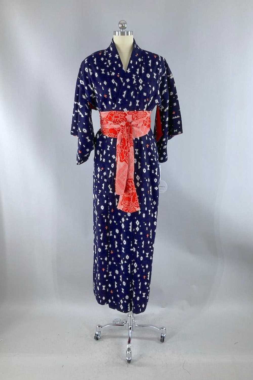 Vintage Navy Geometric Cotton Kimono - image 1