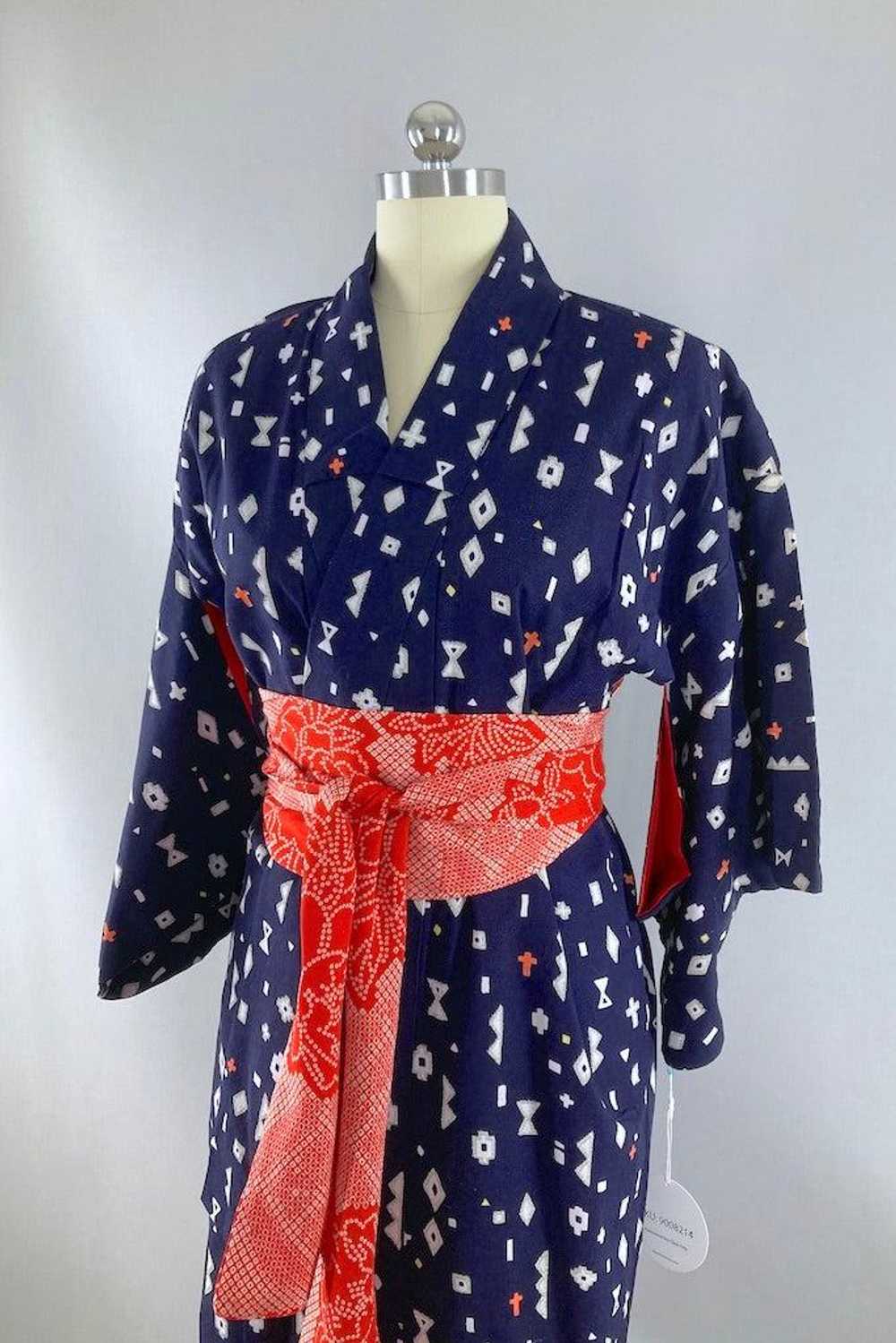 Vintage Navy Geometric Cotton Kimono - image 2