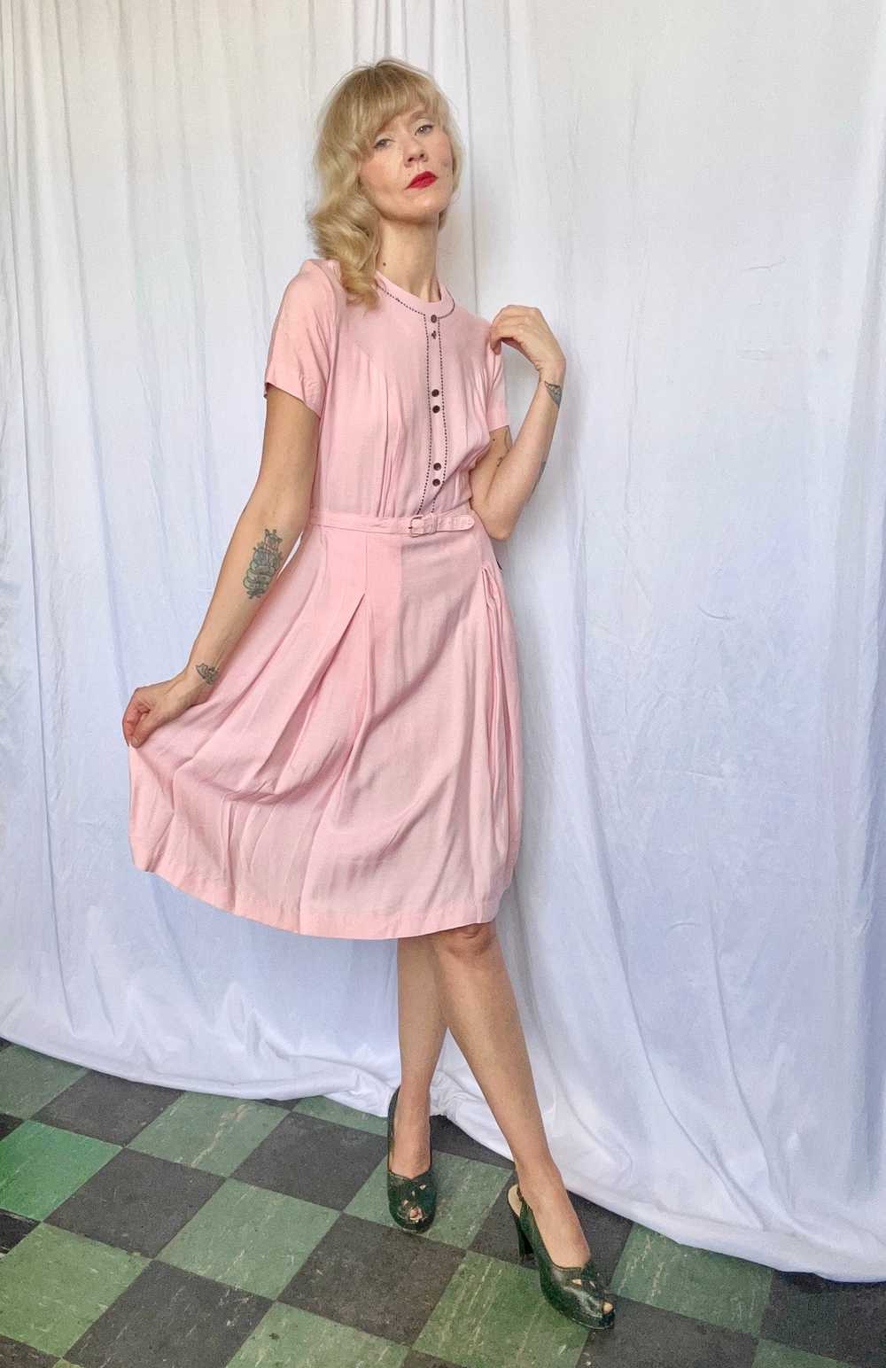 1950s Princess Pink Linen Dress - Medium - image 12