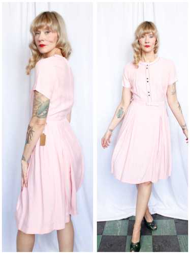 1950s Princess Pink Linen Dress - Medium