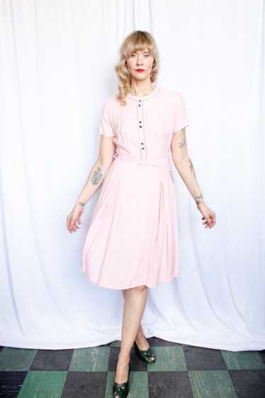 1950s Princess Pink Linen Dress - Medium