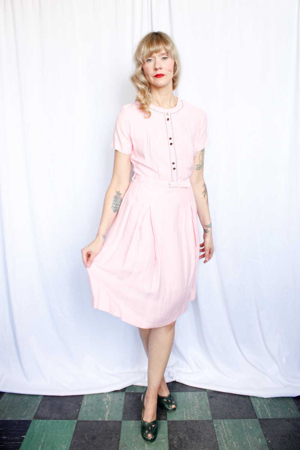 1950s Princess Pink Linen Dress - Medium - image 4