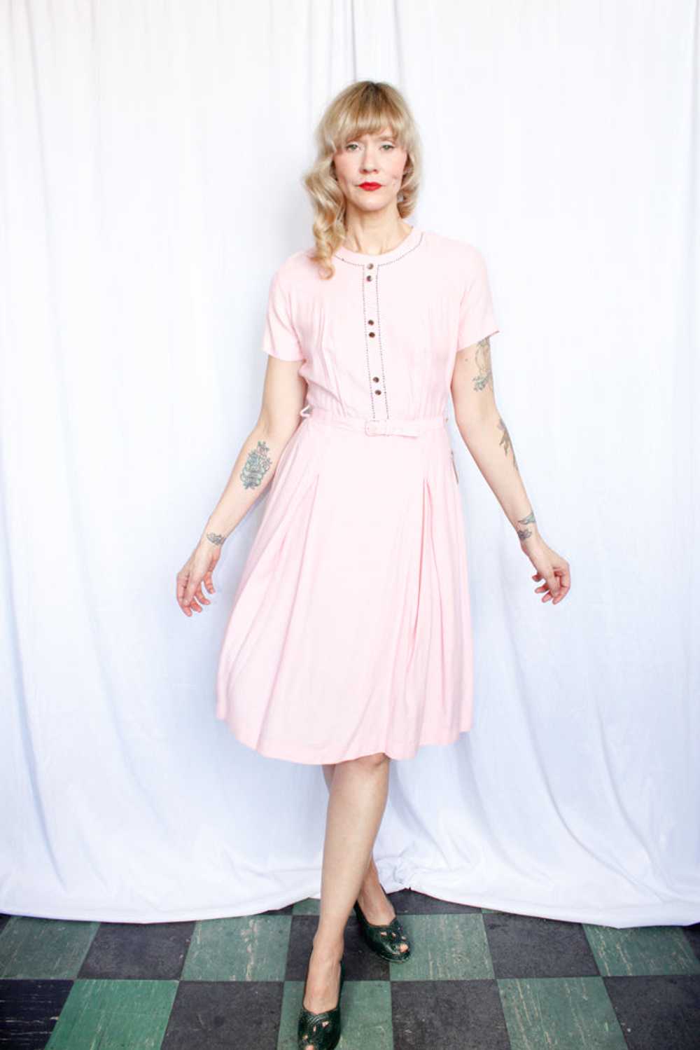 1950s Princess Pink Linen Dress - Medium - image 5