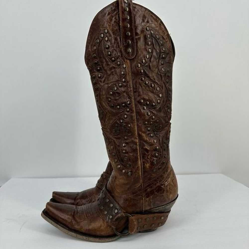 Lane Women Brown Leather Studded Tall Cowboy Boot… - image 12