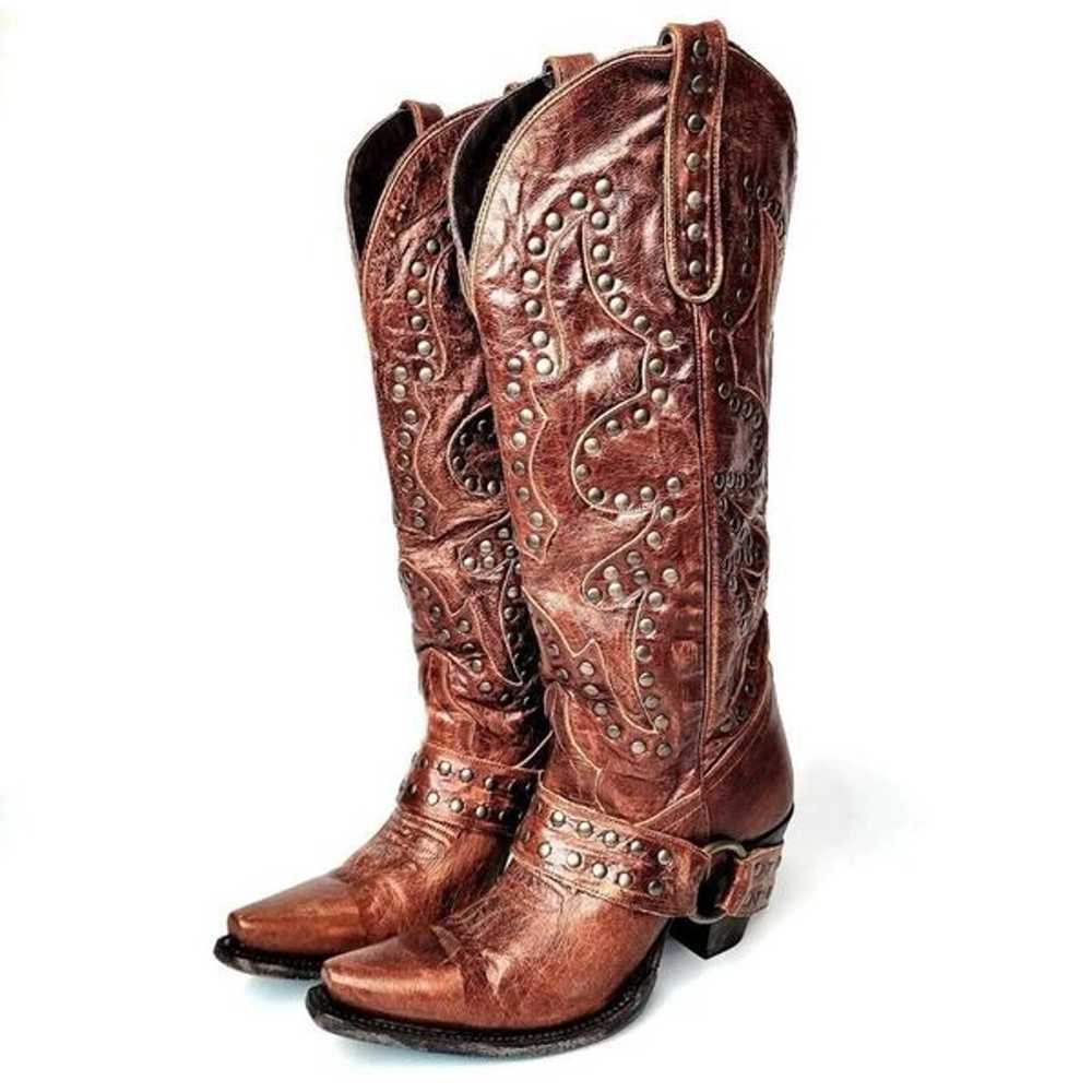 Lane Women Brown Leather Studded Tall Cowboy Boot… - image 1