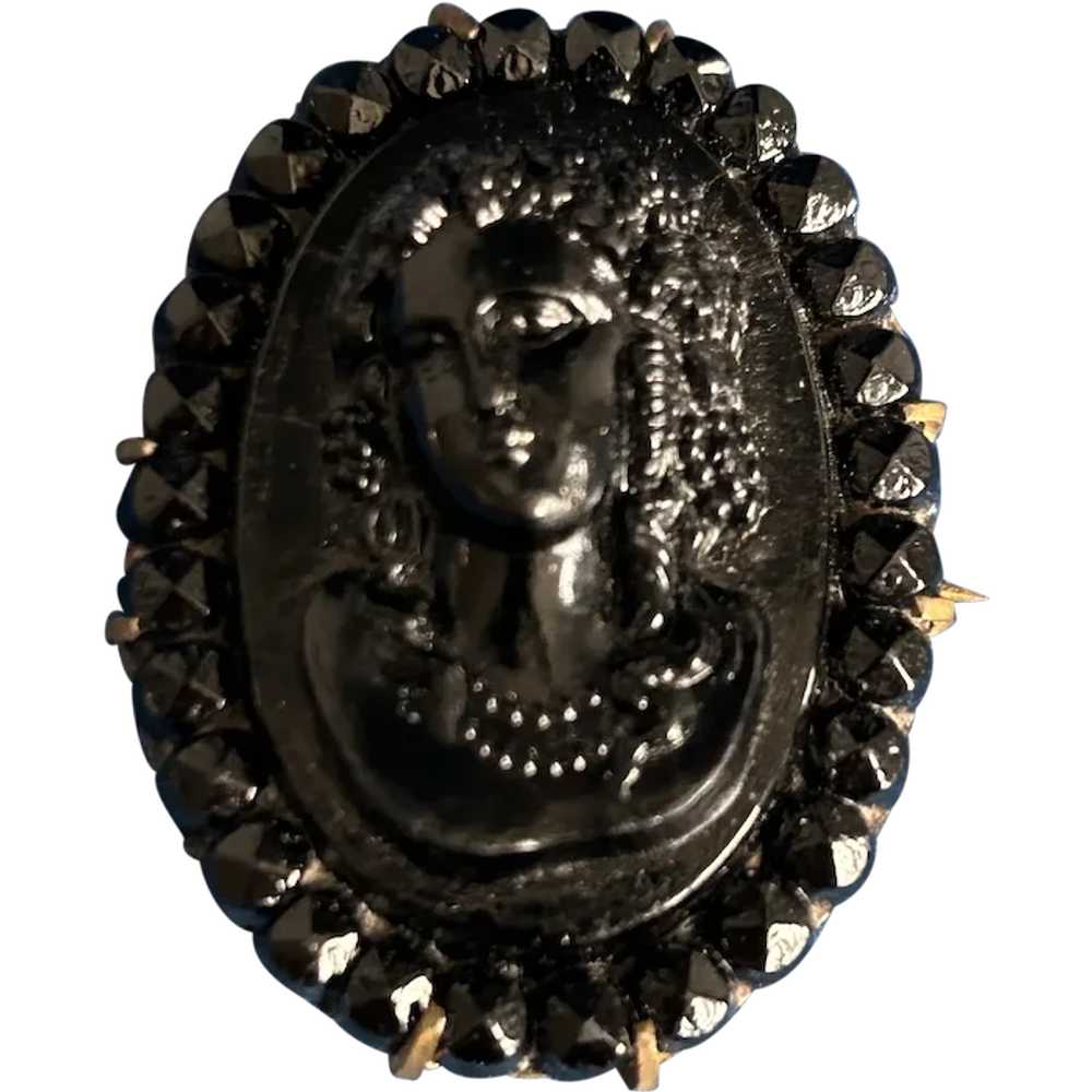 Victorian Black Glass Cameo Mourning Pin - image 1