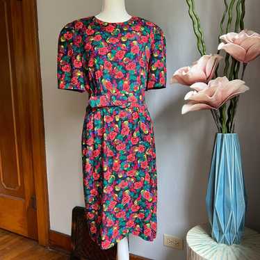 80s Vintage Liz Claiborne A Line Floral Dress Tul… - image 1