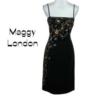 Maggy London Black W/Pink & Green Floral Embroide… - image 1