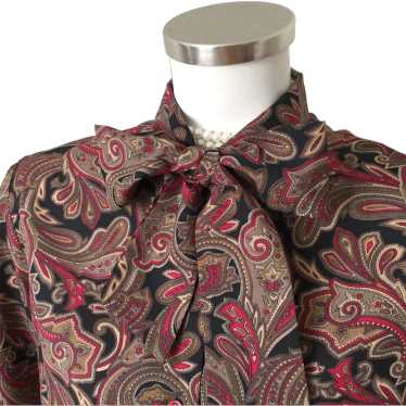 1970s Vintage Black Red Gray Paisley Pussy Bow Ti… - image 1