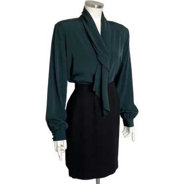 Vintage 1980s Dark Forest Green Tie Blouse with S… - image 1