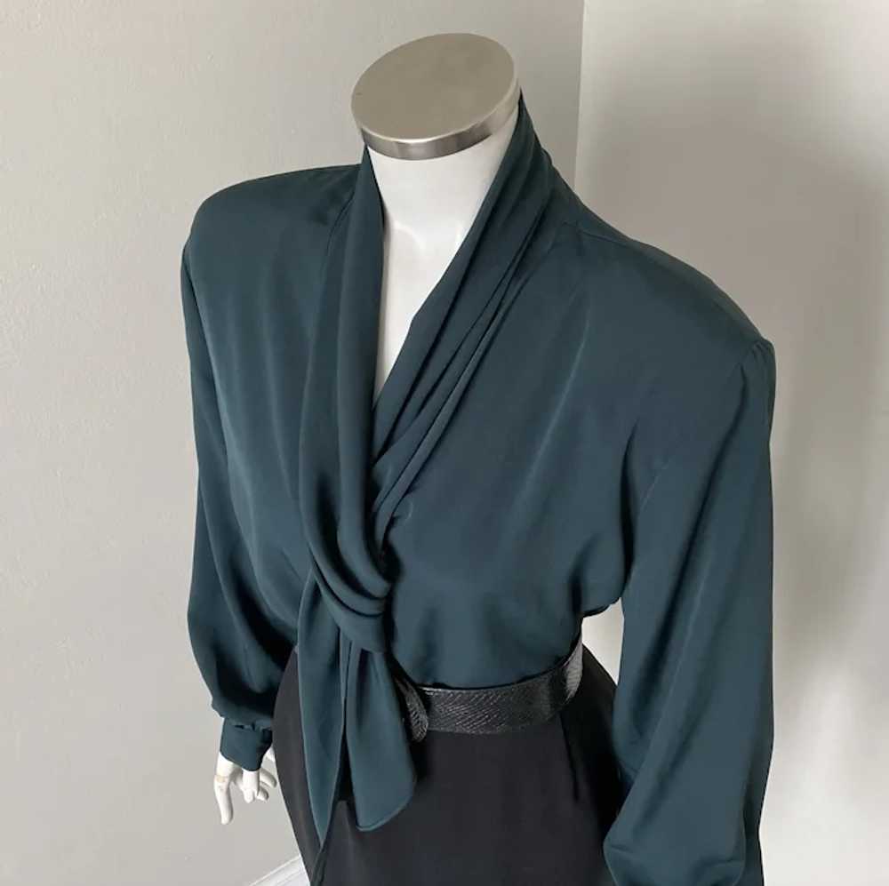 Vintage 1980s Dark Forest Green Tie Blouse with S… - image 2