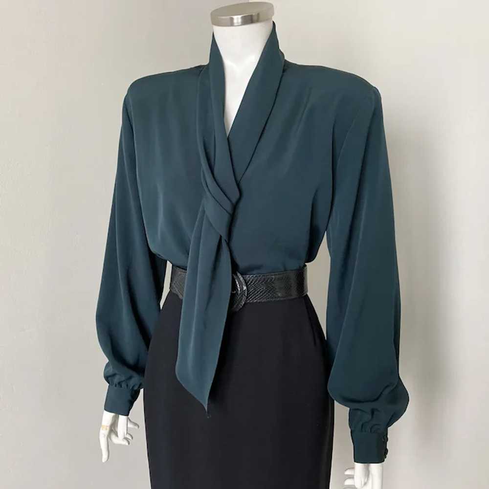 Vintage 1980s Dark Forest Green Tie Blouse with S… - image 3