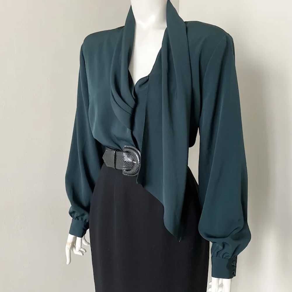 Vintage 1980s Dark Forest Green Tie Blouse with S… - image 4