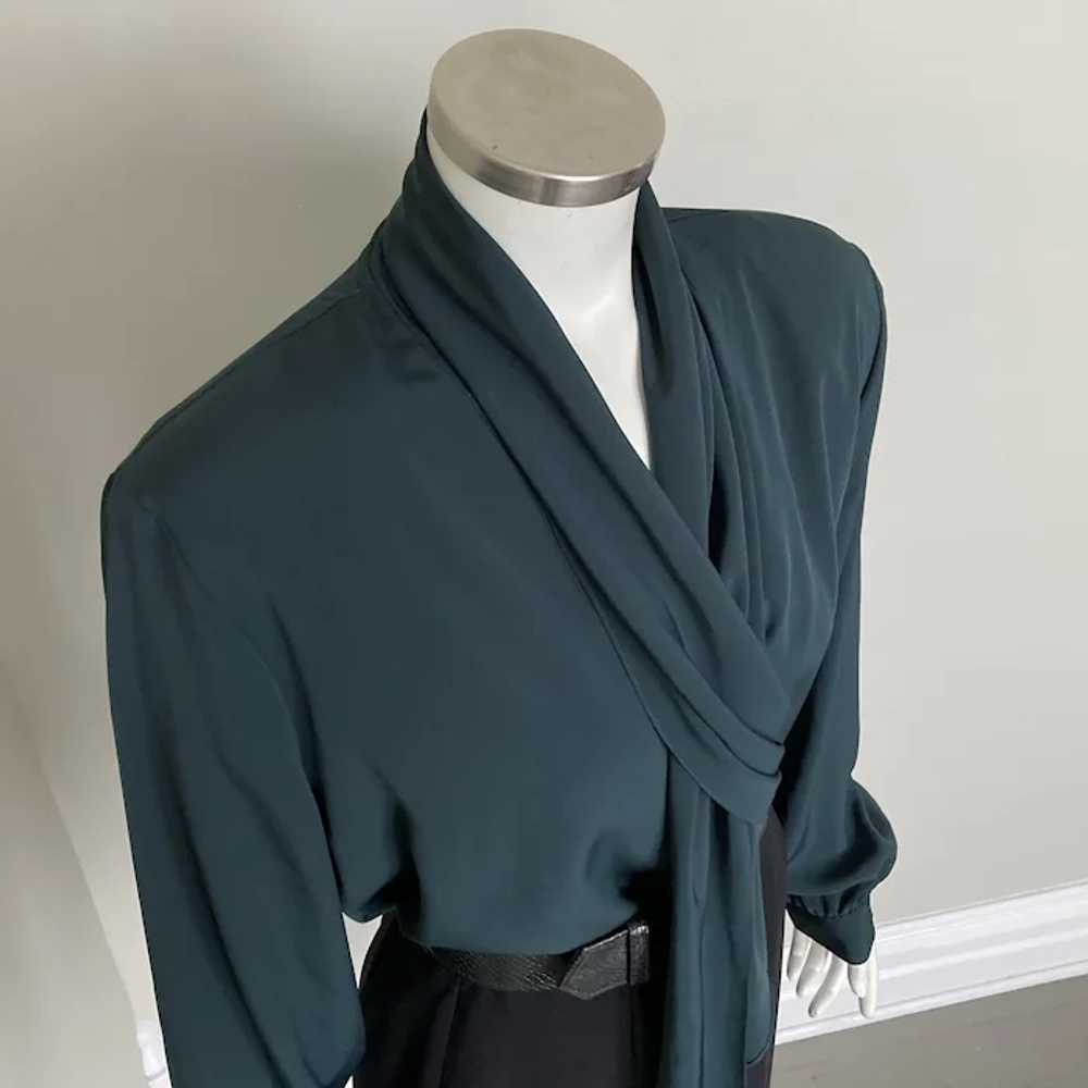 Vintage 1980s Dark Forest Green Tie Blouse with S… - image 9