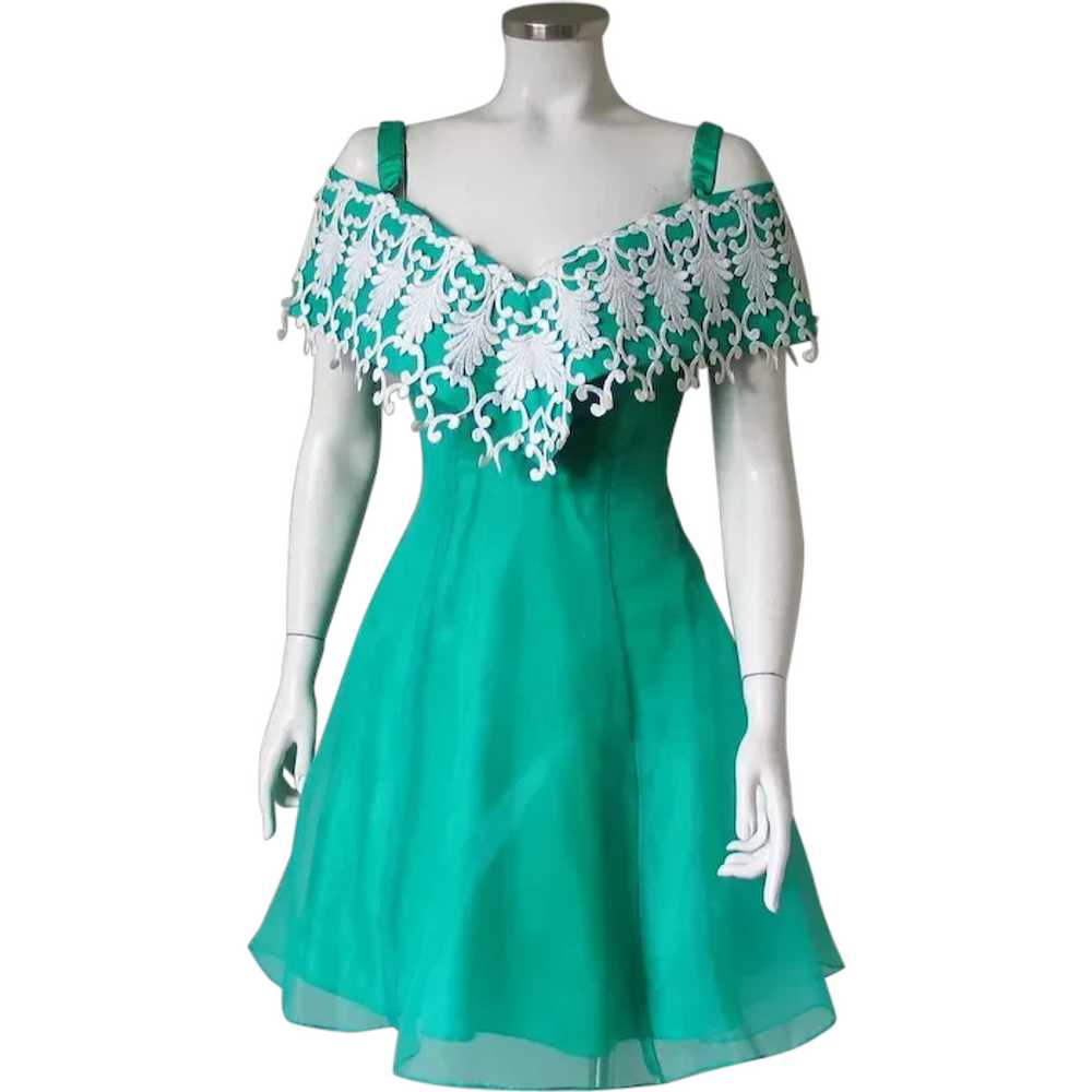 Vintage 1980s Celtic Green Party Dress with White… - image 1