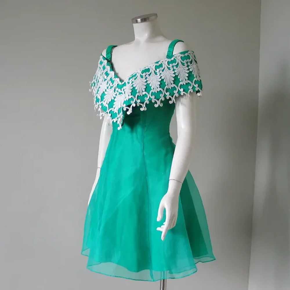Vintage 1980s Celtic Green Party Dress with White… - image 2
